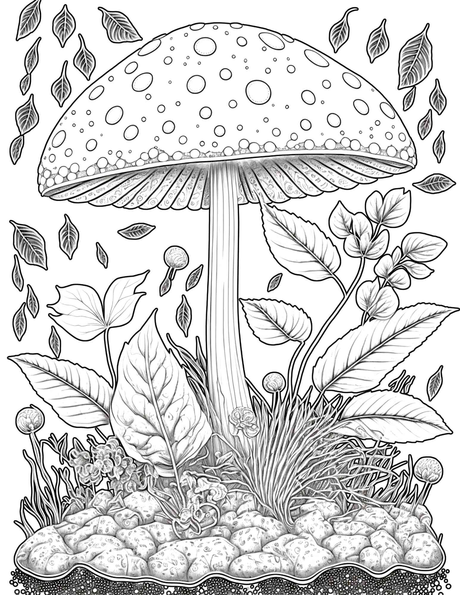 100 Mushroom Forest Coloring Pages Printable for Adults and Kids, Gray