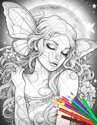 34 Beautiful Moon Fairies Grayscale Coloring Pages Printable for Adult ...