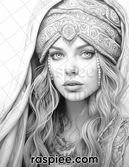 Bohemian Grayscale Coloring Page, Adult Stress-Relief Coloring, Printable Boho Art Design, Intricate DIY Coloring Sheet, Detailed Printable Artwork, Relaxation Coloring Book, Hand-Drawn Illustrations, High-Quality Coloring Image, Creative Coloring Pattern, Portrait Coloring Pages, Portrait Coloring Book Printable