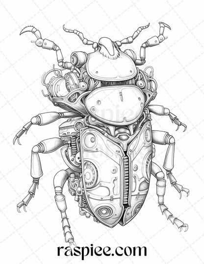 Steampunk bugs grayscale coloring pages, adult coloring printable, insect illustrations, grayscale art for adults, intricate coloring designs