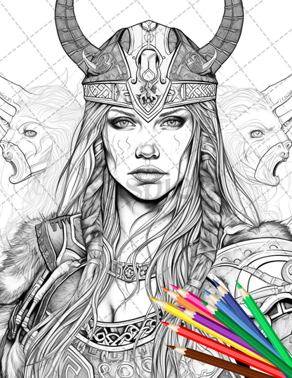36 Viking Women Warrior Printable Coloring Pages for Adults, Nordic Culture Grayscale Coloring Book, Printable PDF File Download - raspiee
