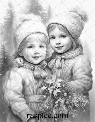 50 Vintage Christmas Girls Grayscale Coloring Pages for Adults and Kid ...