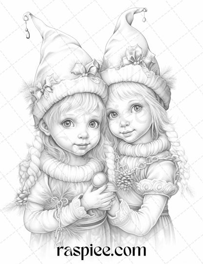 110 Christmas Elves Grayscale Coloring Pages Printable for Adults Kids, PDF File Instant Download