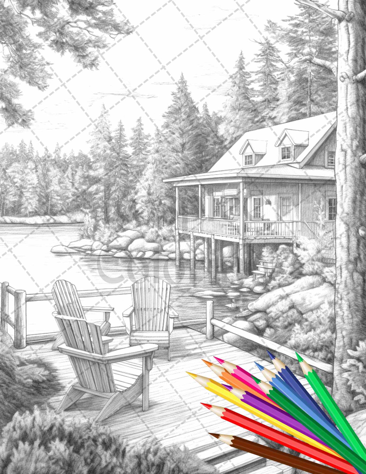 Lake Cabin Scenery Grayscale Coloring Pages Printable for Adults, PDF File Instant Download - raspiee