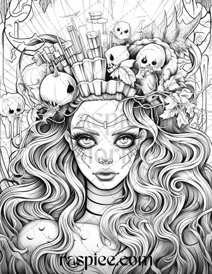 50 Spooky Miss Nightmare Grayscale Coloring Pages Printable for Adults, PDF File Instant Download - raspiee