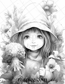 50 Flower Gnomes Grayscale Coloring Pages Printable for Adults Kids, P ...