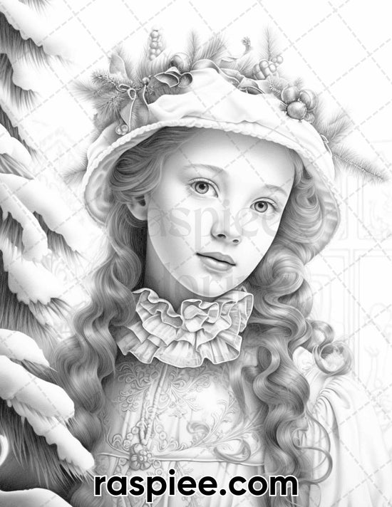 50 Christmas Victorian Girls Grayscale Coloring Pages for Adults, Prin ...