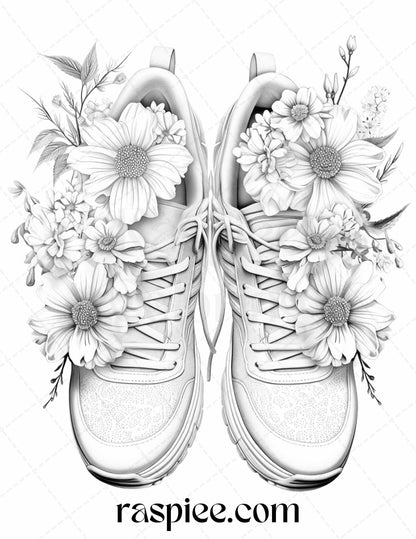 40 Flower Sneakers Grayscale Coloring Pages Printable for Adults, PDF File Instant Download - Raspiee Coloring