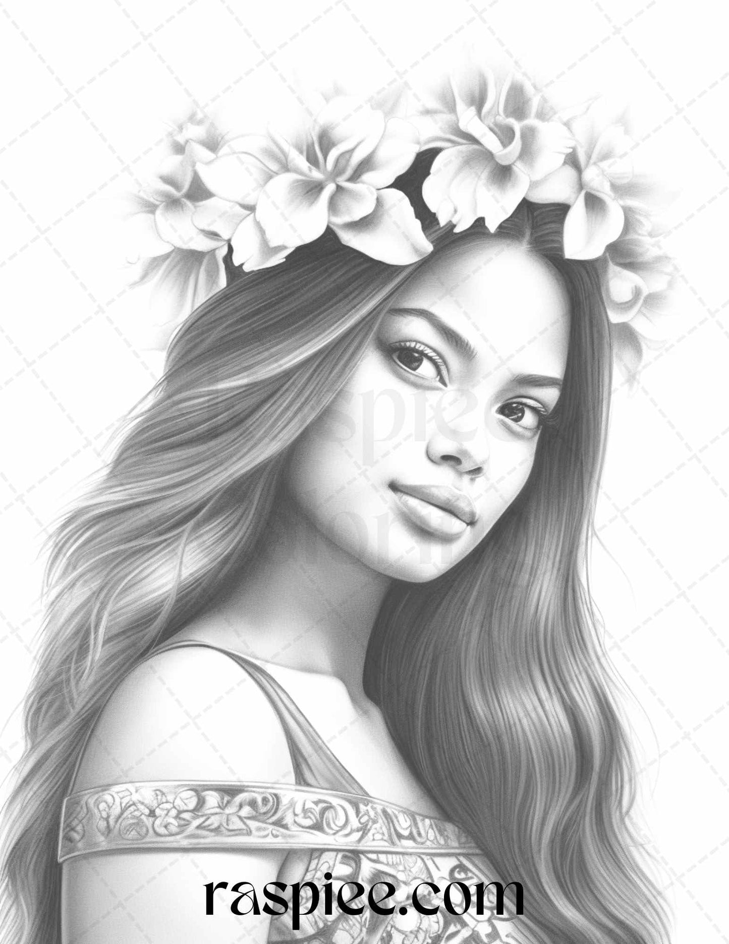 Hawaiian Girls Grayscale Coloring Pages, Hawaiian Girls Illustrations for Coloring, Adult Coloring Pages for Relaxing, Hawaiian Culture Artwork for Coloring, Relaxing Hawaiian Girls Coloring, Summer Coloring Pages for Adults