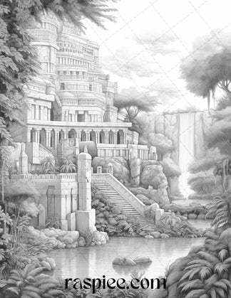 Hanging Gardens of Babylon Grayscale Coloring Pages Printable, PDF Fil ...