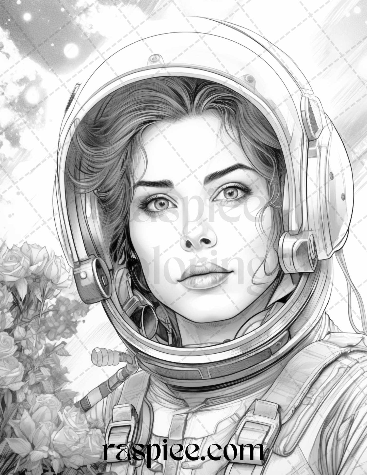 Astronaut girl coloring page, Adult stress-relief coloring sheet, Printable space coloring page, Detailed sci-fi coloring print, Relaxing celestial coloring page, Galaxy-inspired coloring sheet, Mindful coloring for adults