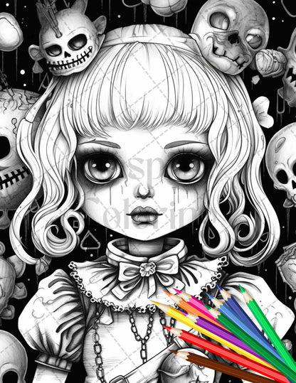 50 Ghoulish Girls Grayscale Coloring Pages Printable for Adults, PDF File Instant Download - raspiee