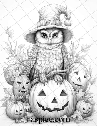 Halloween Witch Owl Grayscale Coloring Pages for Adults and Kids, Prin ...