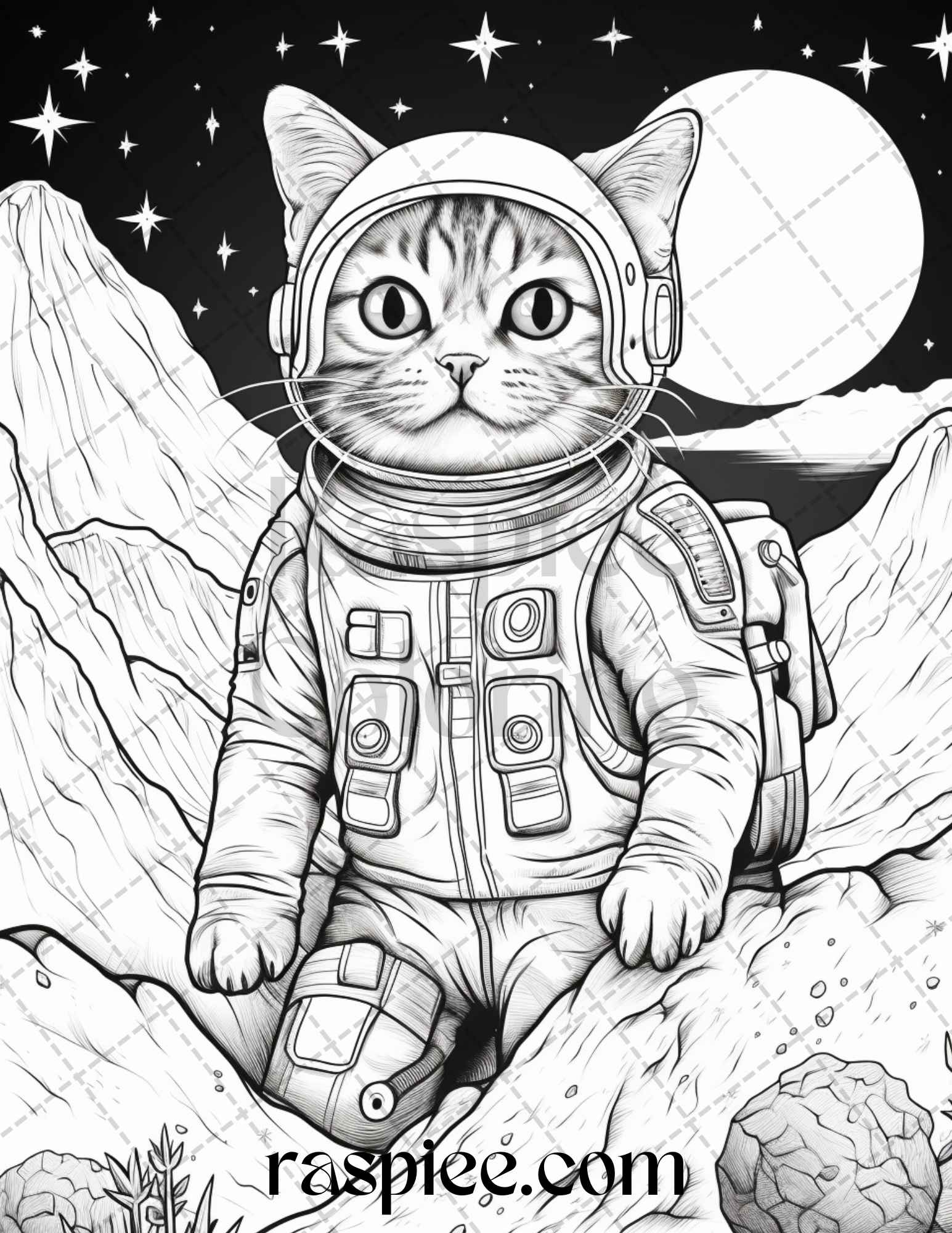 40 Cat Astronaut Grayscale Coloring Pages Printable for Adults Kids, PDF File Instant Download - raspiee
