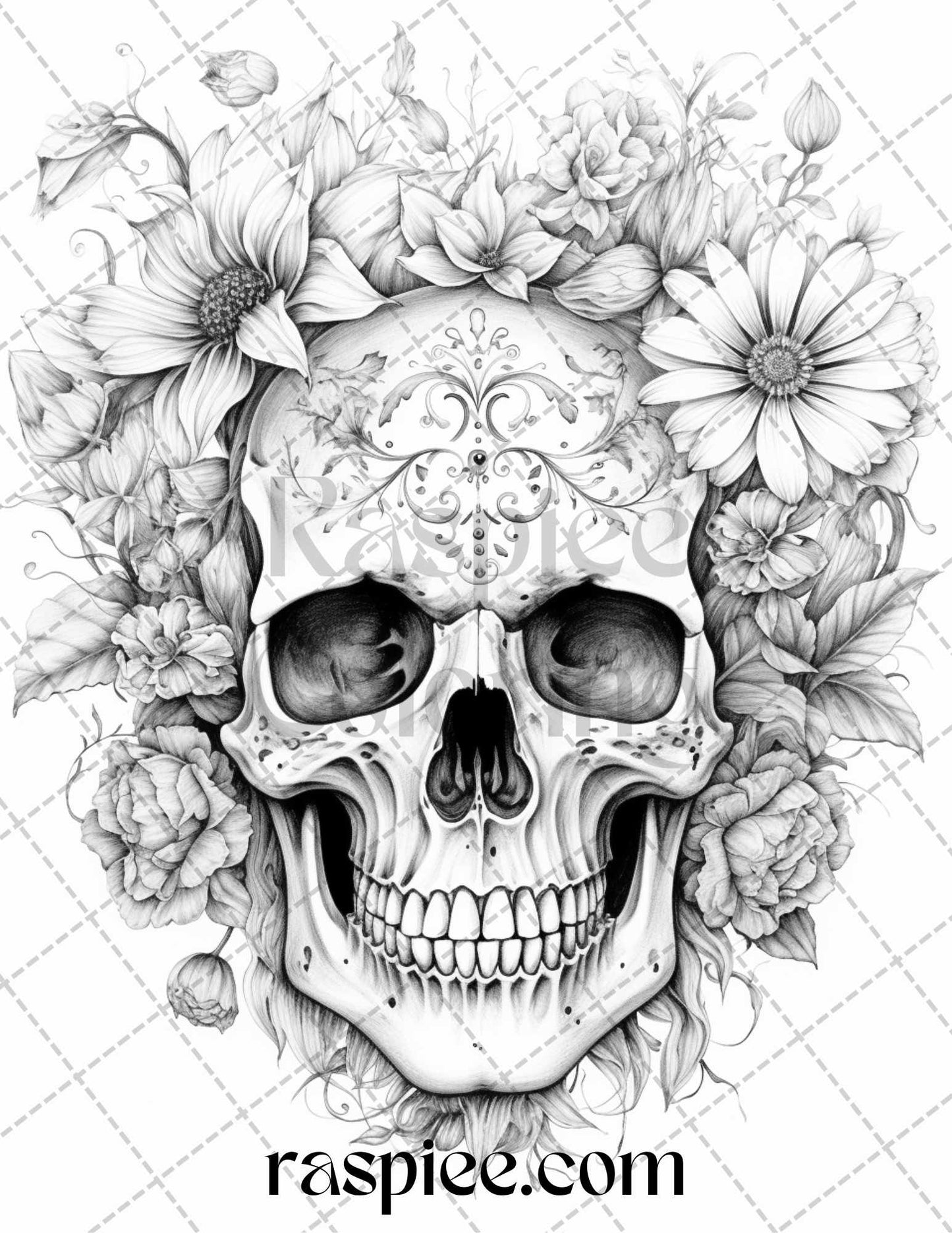 grayscale coloring pages, printable coloring sheets, adult coloring artwork, floral skull illustrations, stress relief DIY art, instant download printable, therapeutic grayscale designs, detailed floral patterns, intricate skull drawings