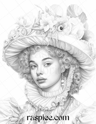 40 Baroque Women Portrait Grayscale Adult Coloring Pages Printable, PD ...