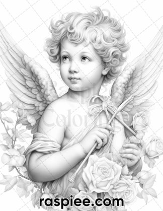 40 Valentine's Day Cupid Grayscale Adult Coloring Pages, Printable PDF ...