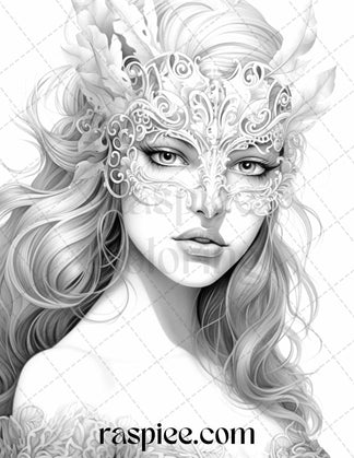 40 Masquerade Girls Grayscale Coloring Pages Printable for Adults, PDF ...