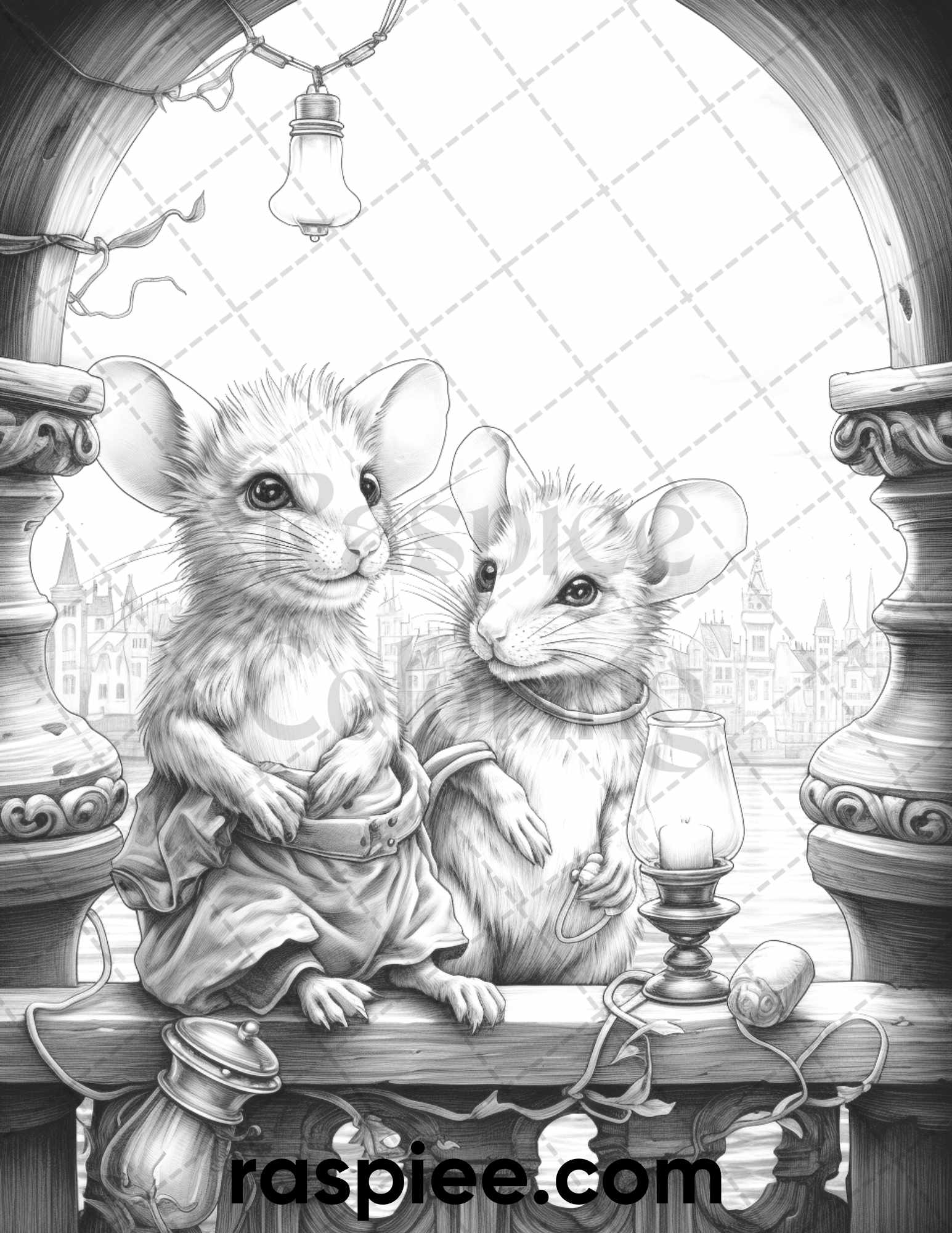 Fairytale Mice Coloring Pages, Grayscale Mouse Art, Printable Adult Coloring, Stress-Relief Mouse Illustrations, DIY Fairy Tale Coloring, Fantasy Coloring Pages, Grayscale Coloring Pages