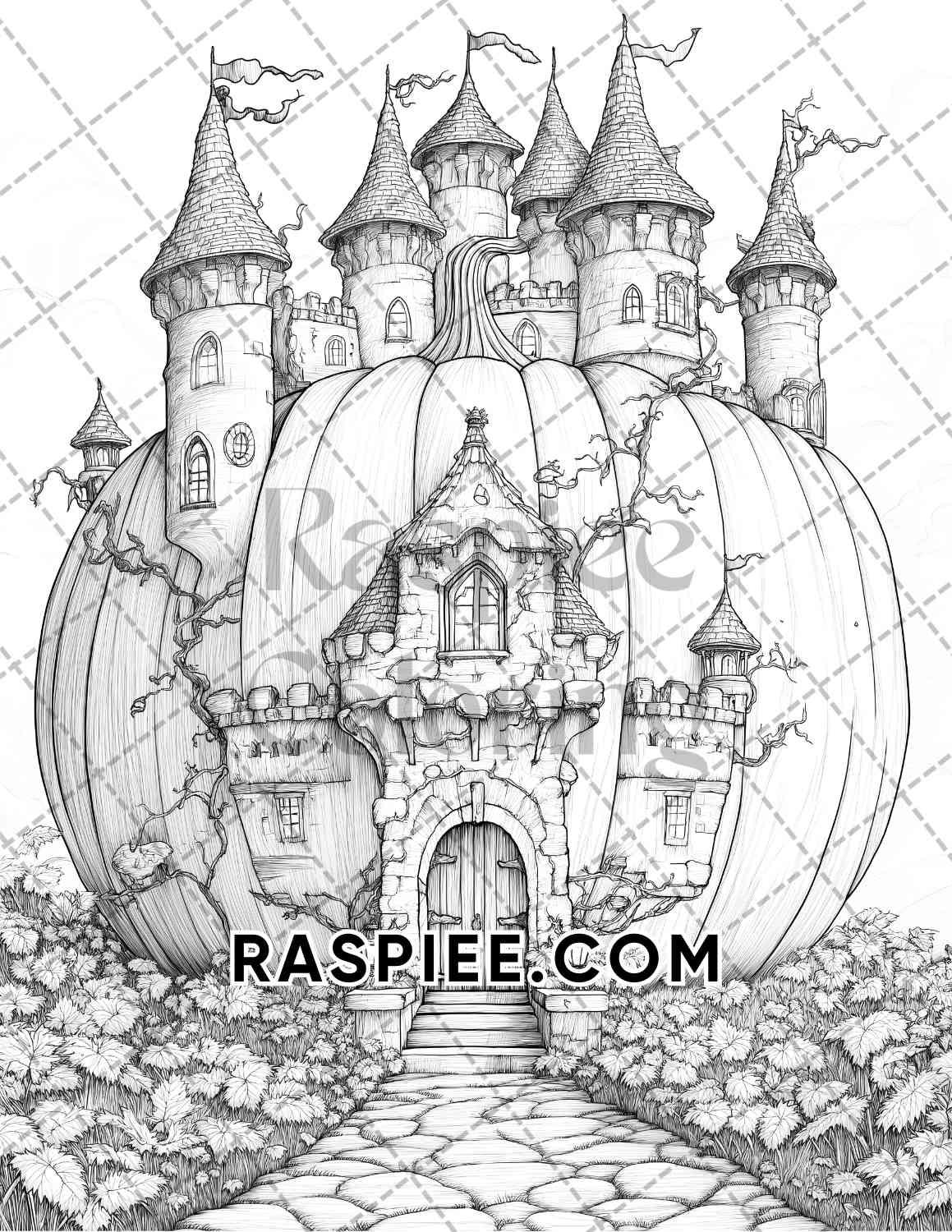 Fantasy Giant Pumpkin Castles Adult Coloring Pages Printable PDF Instant Download - RASPIEE