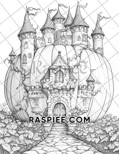 Fantasy Giant Pumpkin Castles Adult Coloring Pages Printable PDF Instant Download - RASPIEE