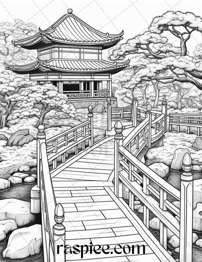 Japanese Garden Grayscale Coloring Pages Printable for Adults, PDF File Instant Download - raspiee