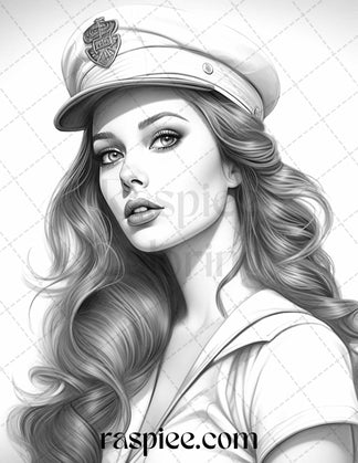 40 Sailor Pin Up Girls Grayscale Coloring Pages Printable for Adults ...