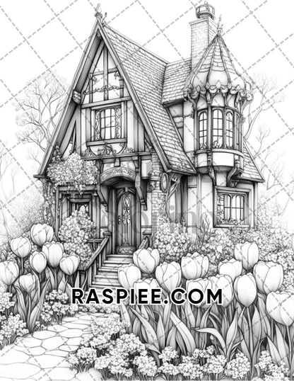 Fantasy Flower Houses Adult Coloring Pages Printable PDF Instant Download