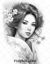 40 Beautiful Japanese Girls Grayscale Coloring Pages Printable for Adu ...