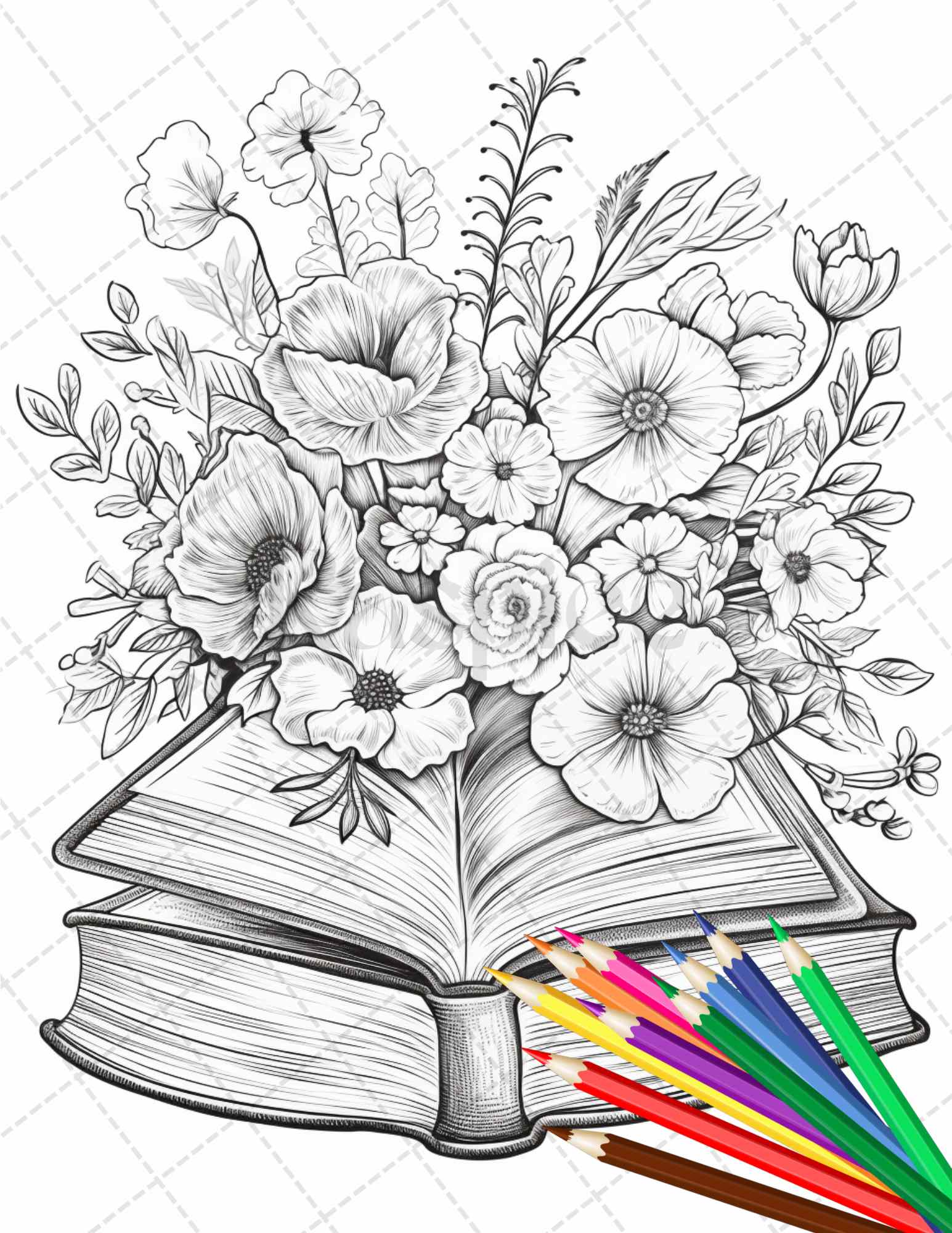 31 Book Flowers Coloring Pages Printable for Adults, Grayscale Coloring Page, PDF File Instant Download - raspiee