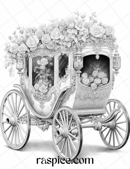 Vintage Flower Carriage Grayscale Coloring Page for Adults, Printable Black and White Coloring Book Illustration, Relaxing Floral Coloring Page Instant Download, Digital Printable Antique Flower Carriage Design, High-Quality PDF Printable Coloring Sheet
