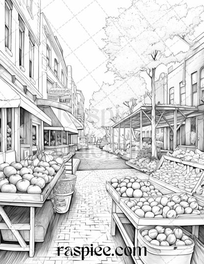 Autumn Street Markets Grayscale Coloring Pages, Printable Fall Coloring Sheets for Adults, Relaxing Autumn Coloring Therapy, Urban Street Scenes Adult Coloring, DIY Fall Coloring Activities