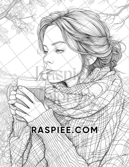 Autumn Beauties Portrait Adult Coloring Pages Printable PDF Instant Download