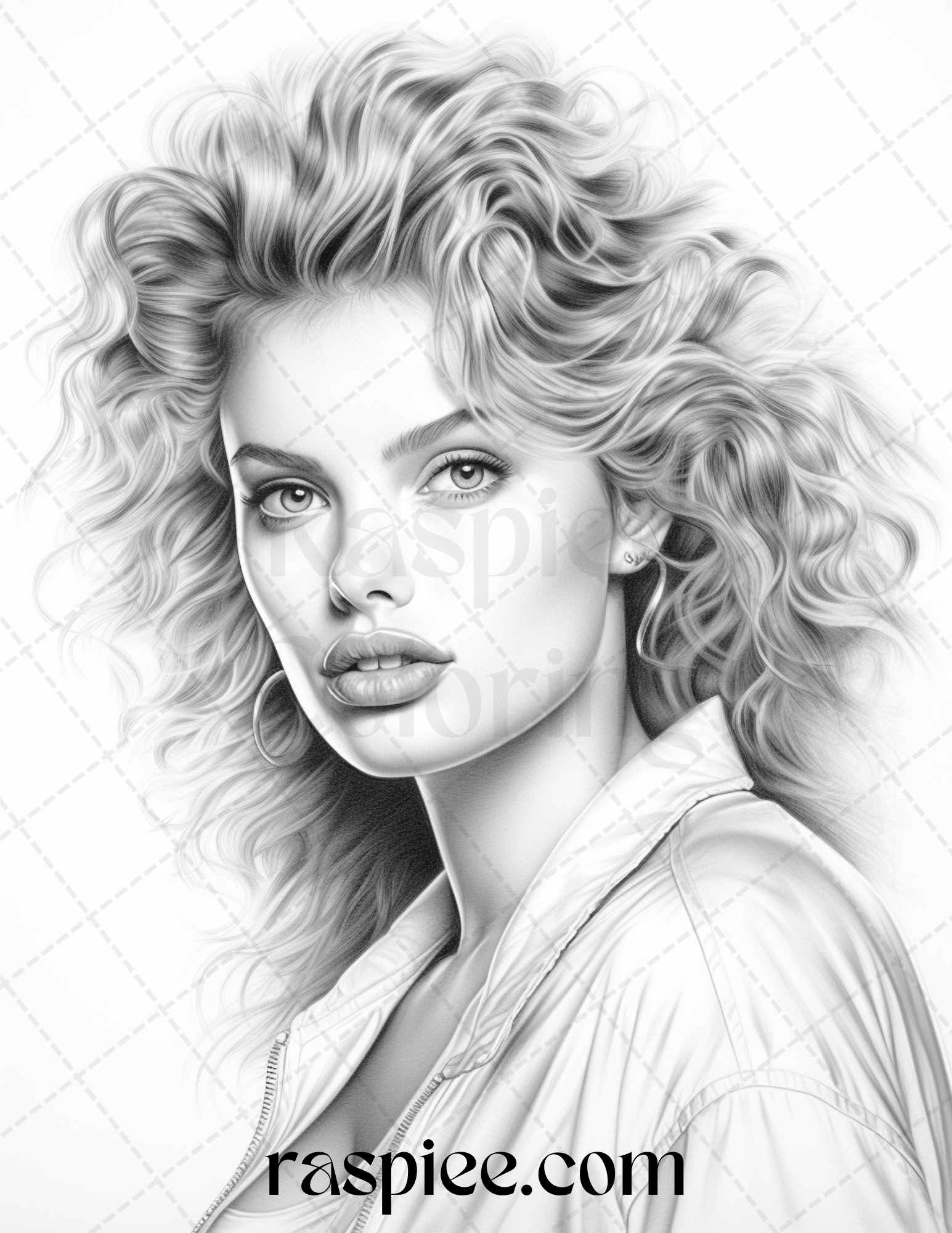 1980s beautiful women coloring pages, grayscale retro art printable, vintage style adult coloring, nostalgic black and white portraits