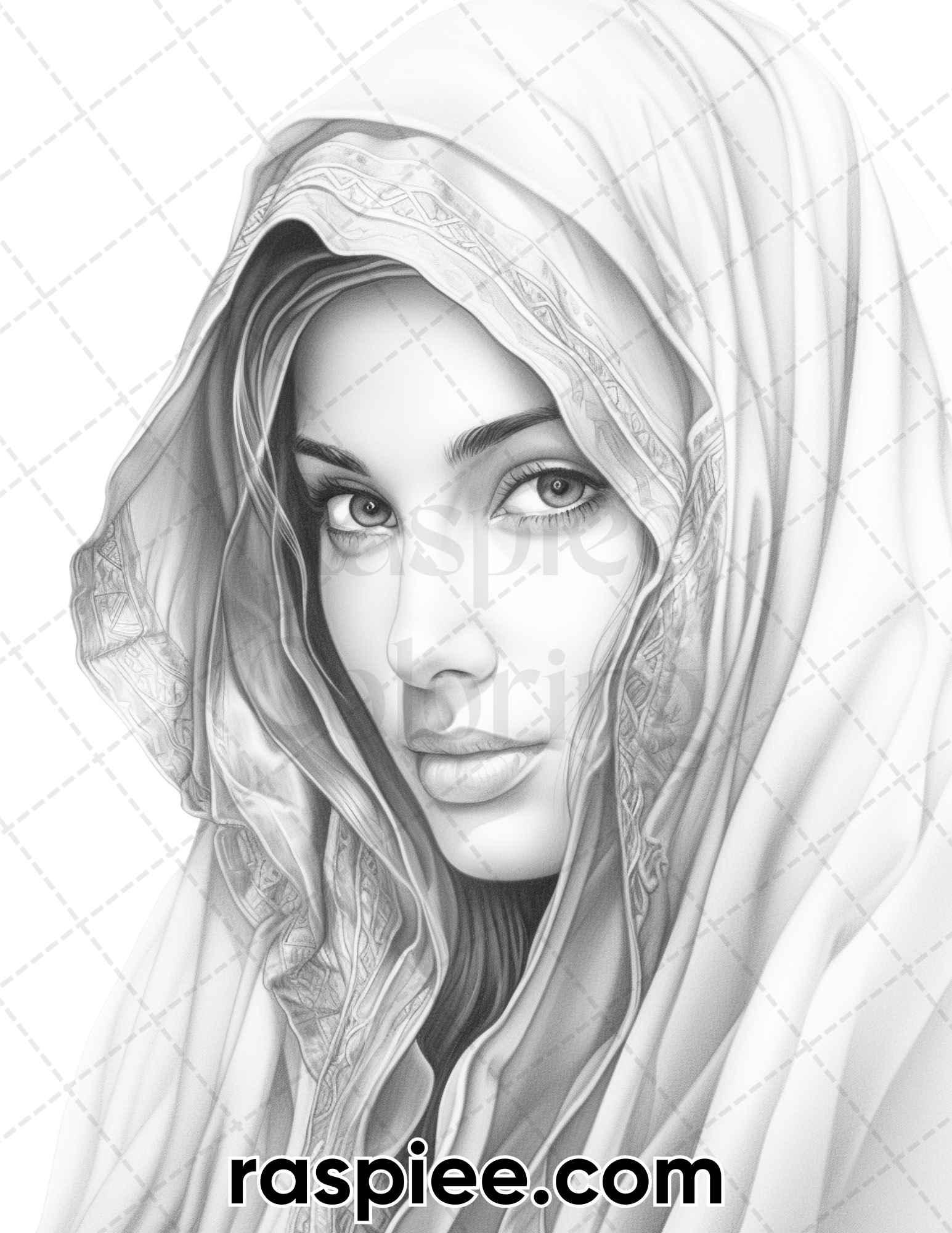 42 Arabian Woman Portrait Gayscale Coloring Pages for Adults, Printabl ...