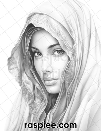 42 Arabian Woman Portrait Gayscale Coloring Pages for Adults, Printabl ...