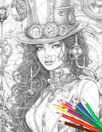 40 Steampunk Ladies Grayscale Coloring Pages Printable for Adults, PDF ...
