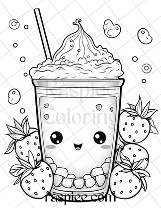 50 Cute Kawaii Boba Tea Grayscale Coloring Pages for Adults and Kids ...