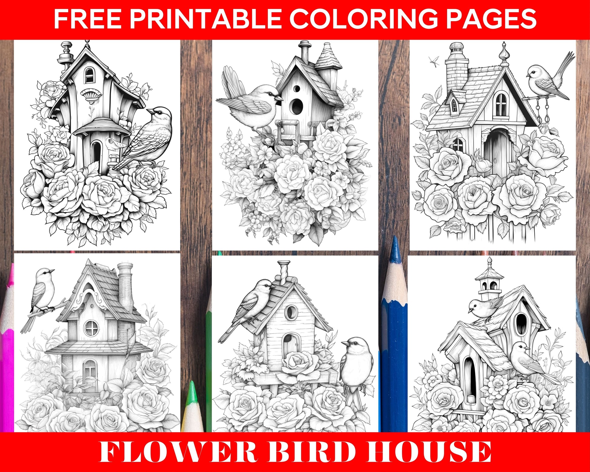 Floral birdhouse coloring page, grayscale coloring sheet for adults, printable nature coloring page, birdhouse art for coloring, free flower birdhouse coloring page