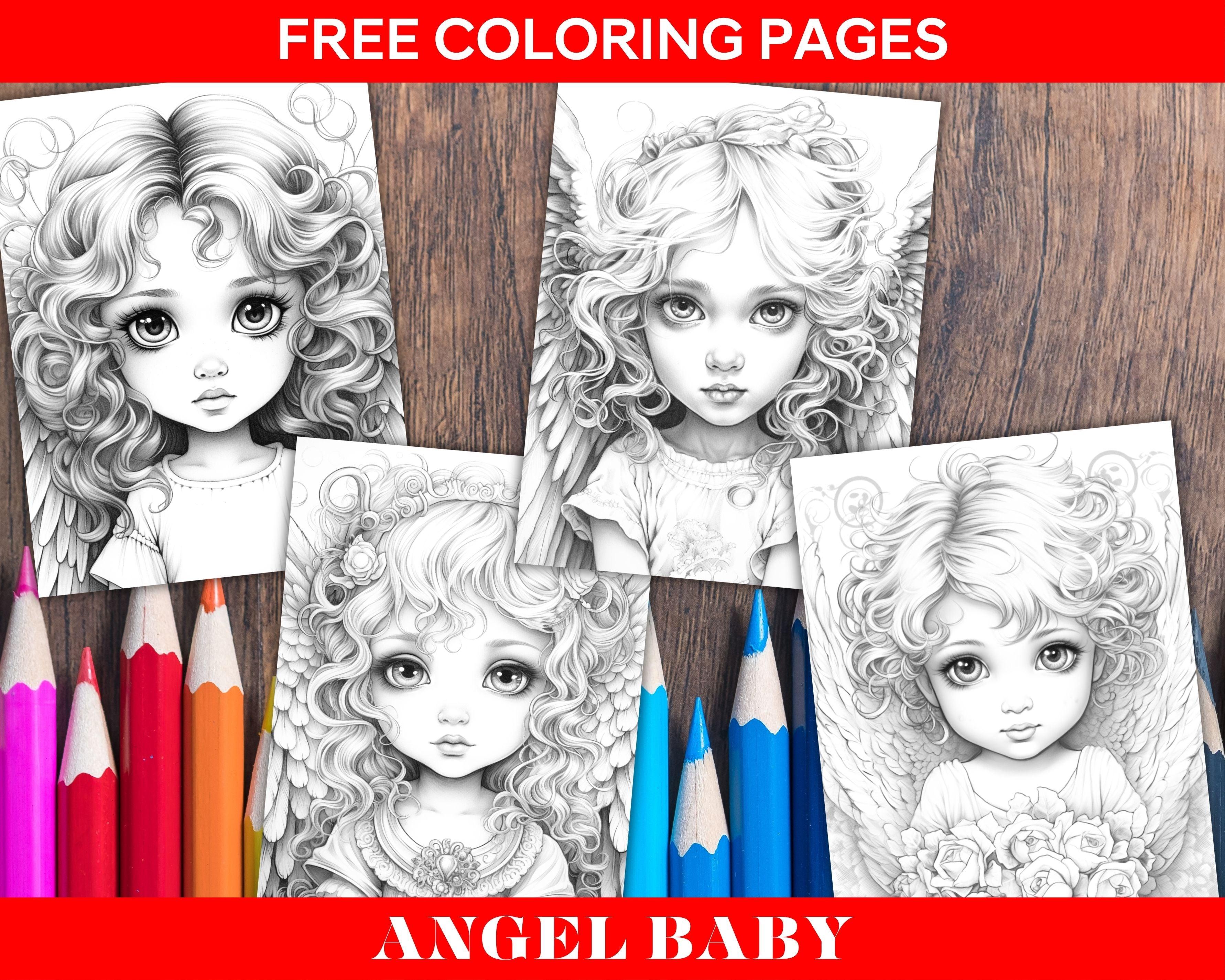 Free Angel Baby Grayscale Coloring Pages Printable for Adults Kids, PD –  RASPIEE