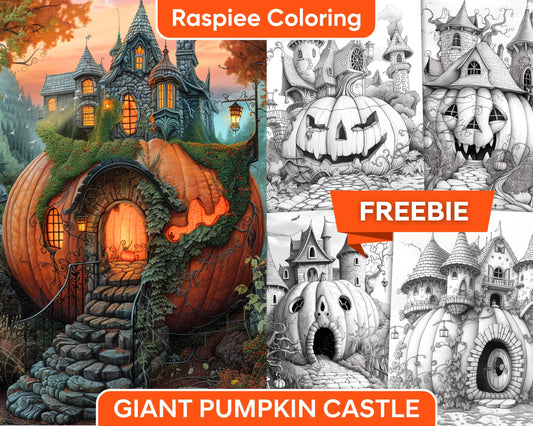 Free Giant Pumpkin Castle Grayscale Adult Coloring Pages