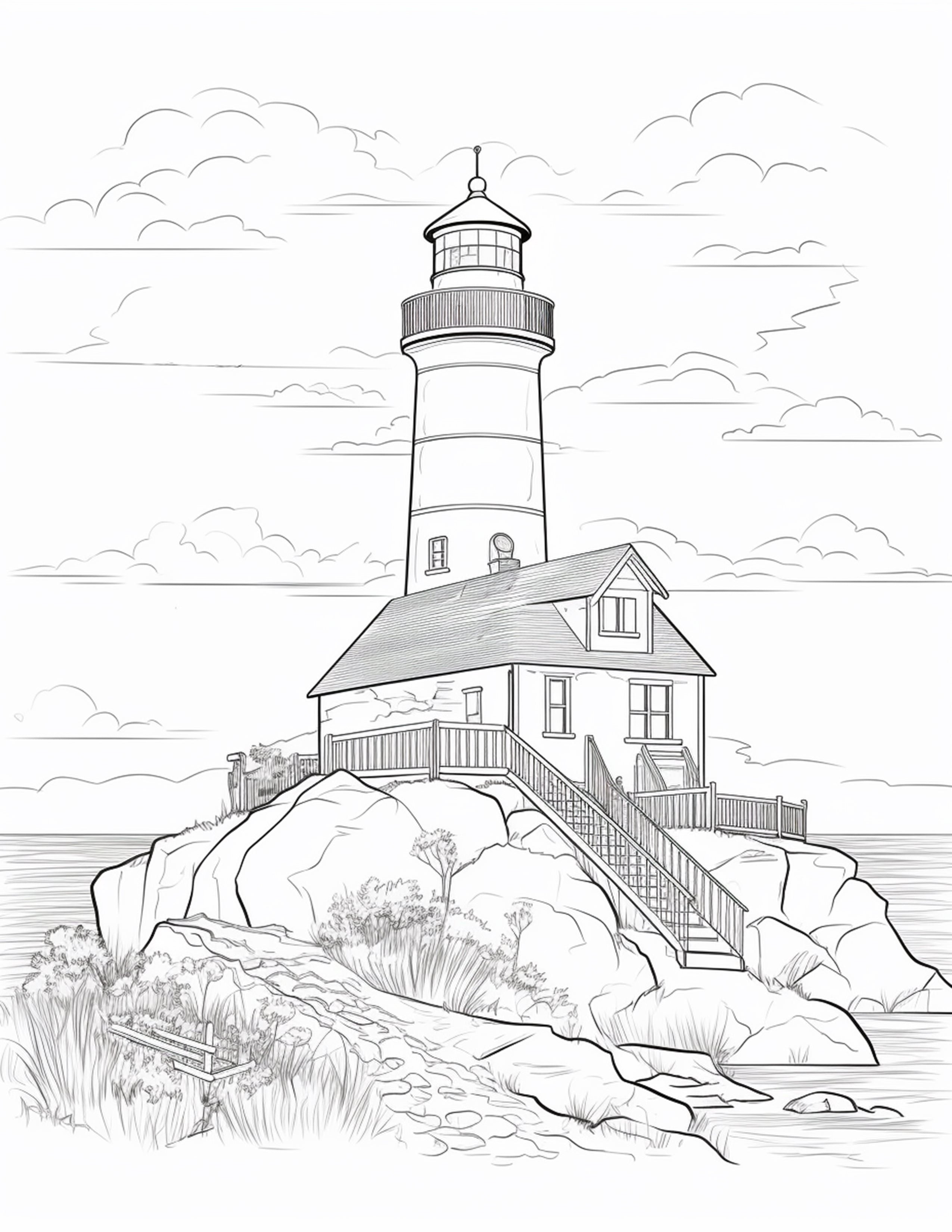 100 Printable Lighthouse Scene Coloring Pages for Adults, Printable PD