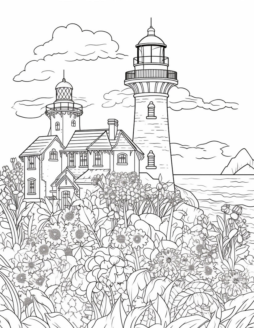 100 Printable Lighthouse Scene Coloring Pages for Adults, Printable PD