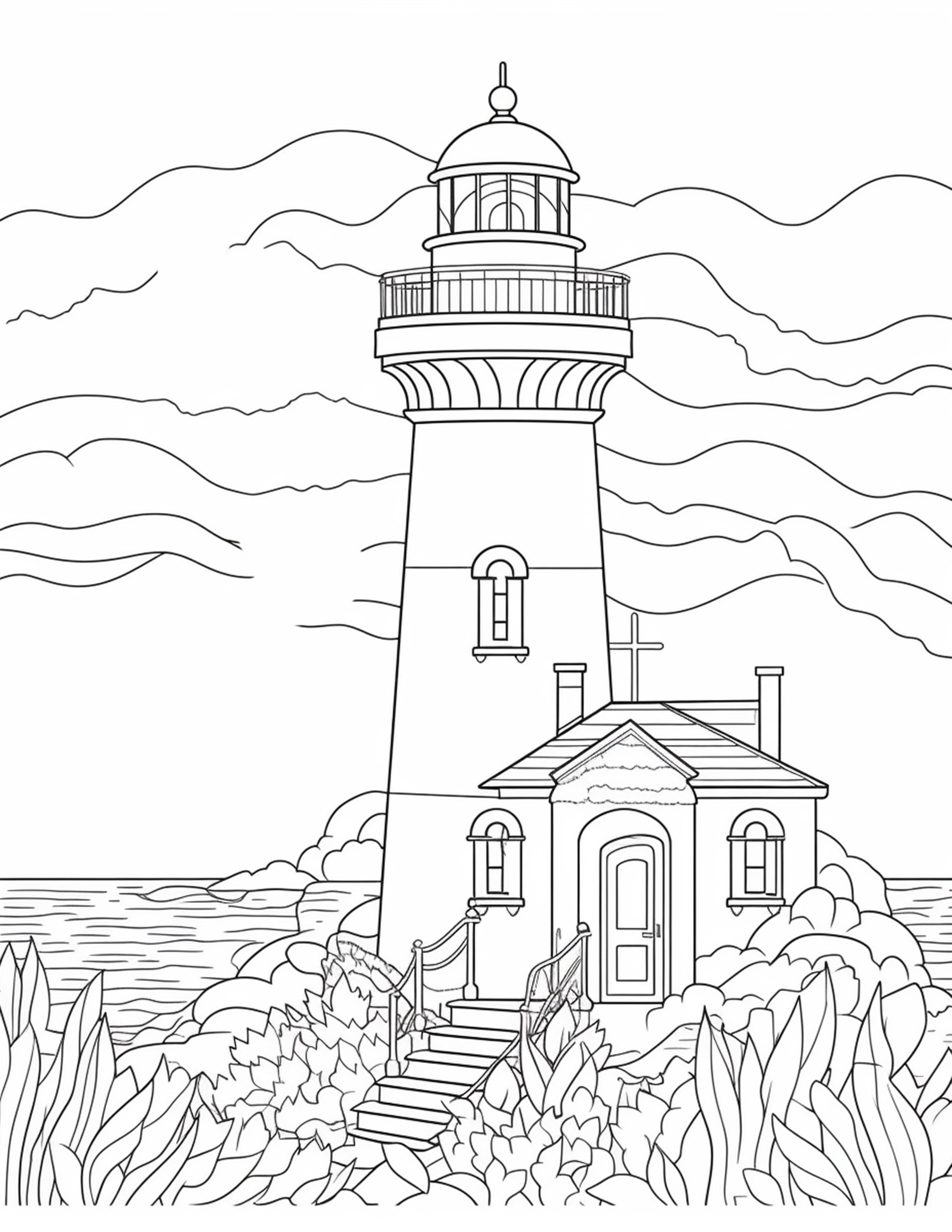 100 Printable Lighthouse Scene Coloring Pages for Adults, Printable PD