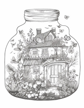 50 Printable Fairy Houses in Jar Coloring Pages for Adults, Grayscale ...