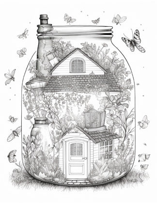 50 Printable Fairy Houses in Jar Coloring Pages for Adults, Grayscale ...