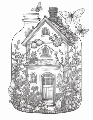 50 Printable Fairy Houses in Jar Coloring Pages for Adults, Grayscale ...