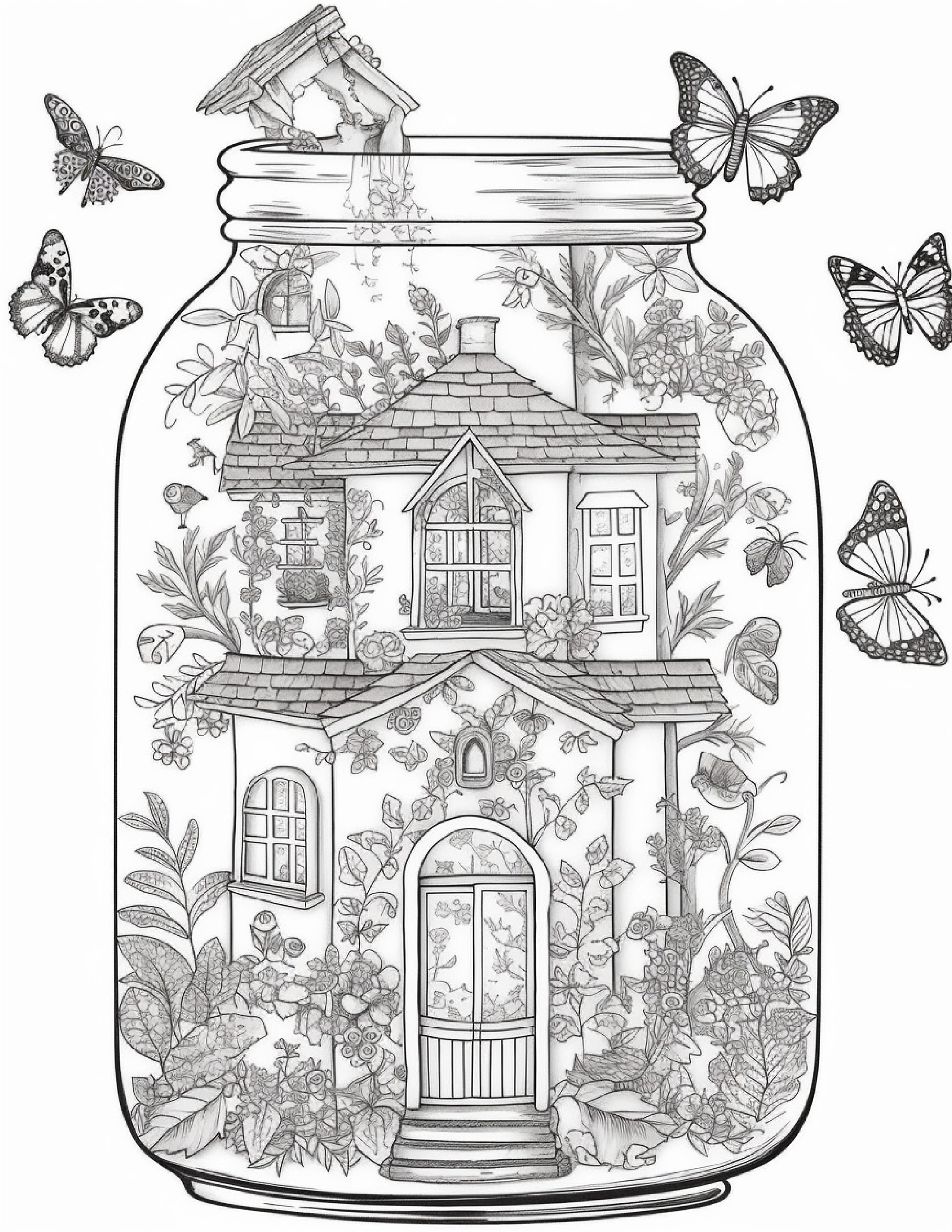 50 Printable Fairy Houses in Jar Coloring Pages for Adults, Grayscale  Coloring Book, Stress Relief Coloring Pages, Printable PDF Instant Download