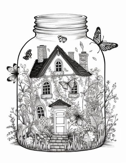 50 Printable Fairy Houses in Jar Coloring Pages for Adults, Grayscale Coloring Book, Stress Relief Coloring Pages, Printable PDF Instant Download - raspiee