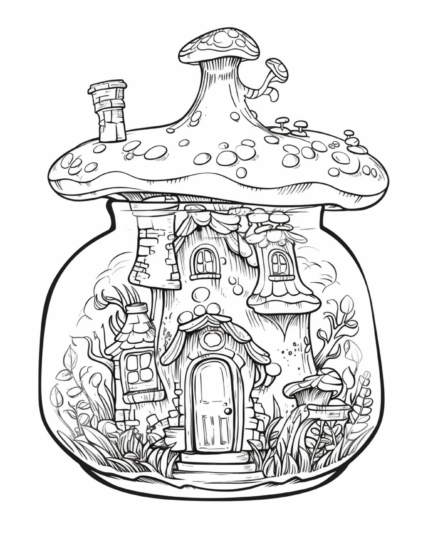 50 Printable Fairy Houses in Jar Coloring Pages for Adults, Grayscale Coloring Book, Stress Relief Coloring Pages, Printable PDF Instant Download - raspiee